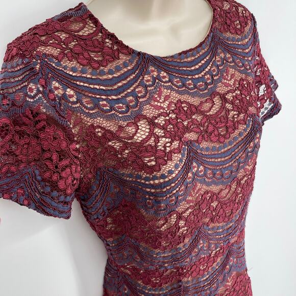 Soprano A-Line Lace Overlay Dress Sz 0 Burgundy Navy Scallop Hem Short Sleeve - Picture 2 of 11